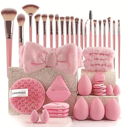 40PCS Pinselset Makeup Professionelles & Gesichtspflege-Set | Make up Pinsel set für Frauen mit Beauty-Schwämmen, Aufbewahrungstasche | Komplett-Set für Foundation, Lidschatten(rosa)