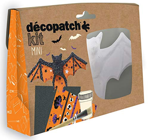 Décopatch KIT019O - Un mini-kit comprenant un animal en papier pulpé blanc, 2 feuilles Décopatch, un pinceau et un pot de vernis colle, CHAUVE-SOURIS