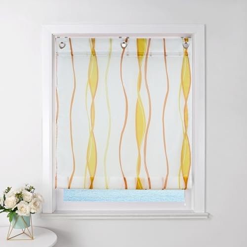 ESLIR Raffrollo mit Ösen Gardinen Küche Raffgardinen Transparent Ösenrollo Vorhänge Mit Wellen-Druck Modern Voile Orange BxH 80x140cm 1 Stück