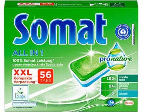 Somat Pastillas para lavavajillas Pro Nature All in 1, 56 pastillas, respetuosas con el medio ambiente con 100% de potencia Somat, con lámina soluble en agua.