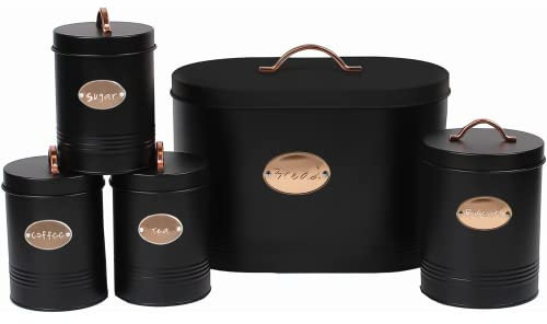 Denny International 5PC Kitchen Food Storage Set Bread Bin, Biscuit Tin and Tea, Coffee & Sugar Canister Set, Vintage Classic Inspired Metal Storage Set (Black)
