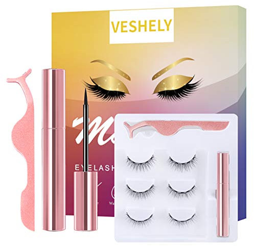 VESHELY Faux Cils Magnétique Naturel avec Eyeliner Kit,10 Paires de Faux Cils Naturel, Ensemble de Cils magnétiques Courts 3D