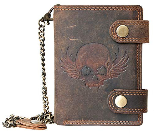 FLW-Wild Strong Genuine Leather Biker's Wallet with a Skull with Chain - RFID, Brown, One Size, Rfid Wallet