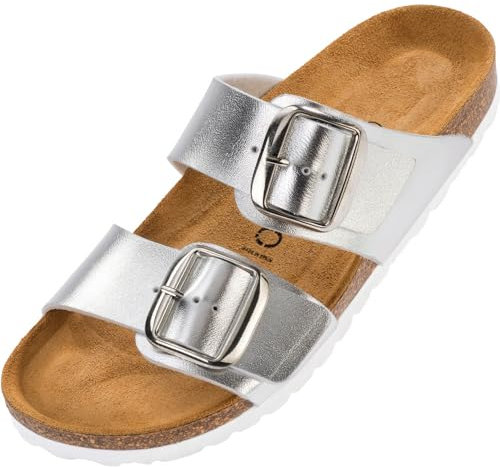 Palado Pantoletten Damen Samos GS - bequeme Sandalen Made in Spain - Hausschuhe mit dämpfendem Kork-Fußbett - modische Sommerschuhe Metallic Silber UK6 - EU39