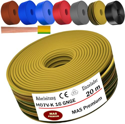 MAS Premium Von 5 bis 100m Aderleitung H07 V-K 16 mm² Schwarz Braun Dunkelblau Grüngelb Grau Hellblau Orange oder Rot Einzelader flexibel (Grüngelb, 20m)
