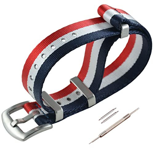 MZBUTIQ 22mm Blau/weiß/rot Uhrenarmband Sicherheitsgurt Nylon Watch Armband für Herren Damen Gebürstete Schnalle