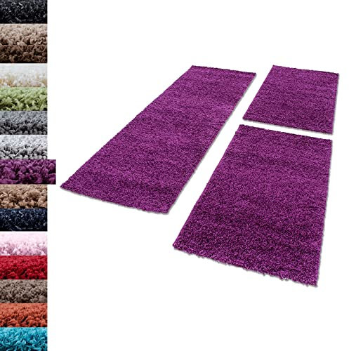 Carpettex Bettumrandung Schlafzimmer 3teilig Shaggy Teppich Hochflor Einfarbig Lila Bettset:2 mal 60x110 + 1 mal 80x250 - Bettvorleger Schlafzimmer Läuferset Weicher Flauschig Bettumrandung Teppich