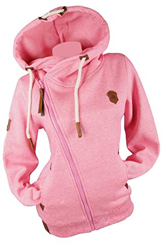 VIN TE Damen Sweat Jacke XXL Kapuze Hoodie Übergangsjacke Fleece gefüttert schräger Reißverschluss verschiedene Modelle Anker Pfote Uni M - 3XL (as3, alpha, x_l, regular, regular, Pink-1941, XL)