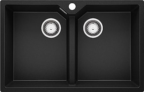 PRIMAGRAN Fregadero Cocina Negro 78x50cm, Granito 2 Senos + Sifón, Sobre encimera al mueble 80cm - Madrid Twin