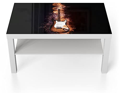 DEQORI Glastisch | weiß groß 90x50 cm | Motiv Brennende E-Gitarre | ausgefallener Beistelltisch aus Glas | Hochglanz Couchtisch fürs Wohnzimmer | moderner Couch Tisch mit Design