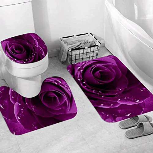 JIFOME Badteppich 3 Stück Weiche saugfähige Badematten,Rose lila 3D-Blumenblumen,rutschfeste Badematte Teppiche & Toilettendeckelabdeckung Set Waschbar