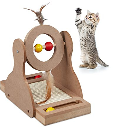 Relaxdays Kratzspielzeug, Katzenbrett MDF & Sisal, HxBxT: 30x17x30 cm, Spielrad, Kugeln & Federn, Katzenspielzeug, Natur