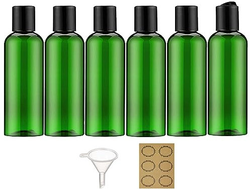 Apstaqeoo 6PC 100ML Plastic Bottles with Disc Top Flip Cap Empty Squeeze Bottle Refillable Travel Container Dispenser with 1 Funnel & 6 Label TSA Approved for Liquid Lotion Toiletries Cosmetic（Green）
