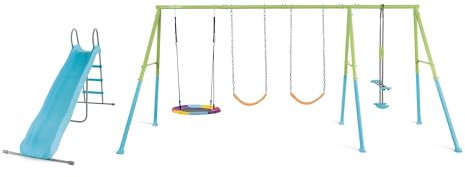 Intex - 44151 - Portique Balançoire 5 Agrès Nid D'oiseau Face à Face 2 Balançoire Toboggan Couleurs