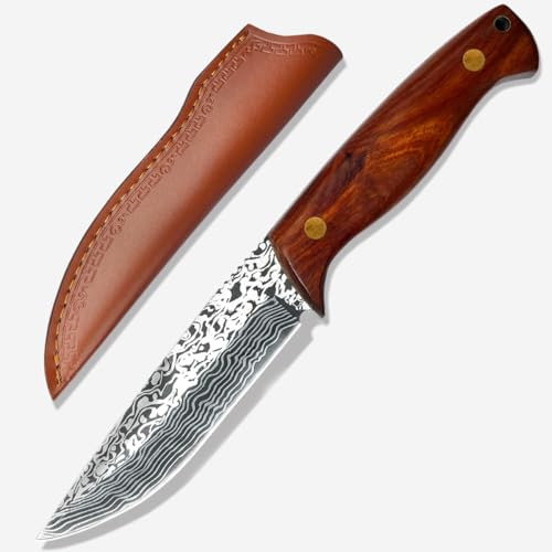 COOSNUG D2 Scharfer Überlebensmesser mit Exquisite Ledertasche, Scharfes Survival Messer mit Lederscheide, Gürtelmesser Full Tang Hochwertiger Holzgriff, für Outdoor Camping (brown02)