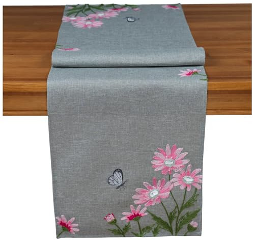 Läufer Tischdecke Leinen-Optik Bestickt Deko Esszimmer Serie Margariten Blumen Tischwäsche grau Stickerei Schmetterling Tischband Frühling Typ886 Tischläufer 40x140 cm rosa