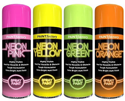 AlezyB - 4 Mix Cans Fluorescent Neon Spray Paint Multipurpose Aerosol DIY Graffiti (Banksey) N0 CFCs Extra Bright Assorted Colours Paint Green Orange Pink Yellow 400ml - A17