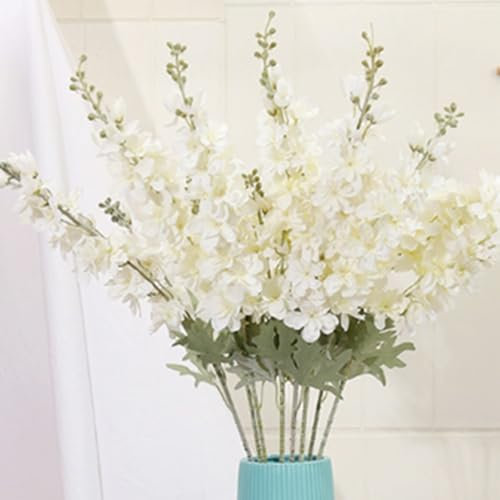 OUKEYI 33.5in 6pcs Fake Flowers Delphinium Artificial Flowers Silk Flowers Larkspur Artificial Flowers Long Stem Flowers for Tall Vase Home Wedding Party Decor (white)