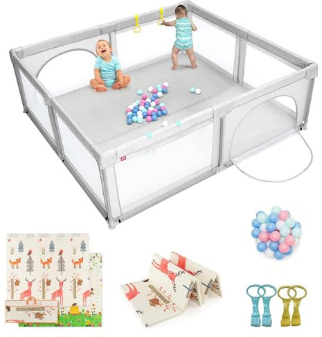 COSTWAY 206 x 186cm Baby Laufstall mit Matratze, Laufgitter mit 50 Spielbällen & atmungsaktivem Netz, Krabbelgitter mit 2 Türen, Laufgitterzelt für Säuglinge Kinder(Grau, Hirsch Matratze)