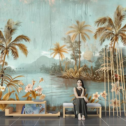 Ktv Hintergrund Professionelle High End Tapete Retro Regenwald Palmen Bäume Fluss Landschaft Fotowand 3D Effekt Tapete Fototapete Wandbild Wohnzimmer Schlafzimmer