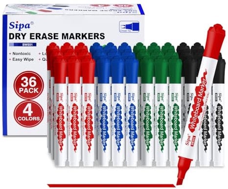 Sipa Whiteboard Markers Pens, 36 Bulk Dry Wipe Chisel Tip Erasable White Board Markers Pens Colour, Low Odor Flip Chart Markers, Ideal for Classroom, Office, Teachers and Students