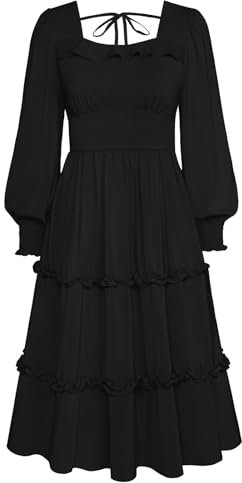 Belle Poque Women's Vintage Square Neck Long Puff Sleeve Tiered Dresses Smocked Elastic Waist Midi Dress, Black, M