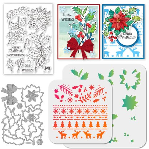 GLOBLELAND Weihnachten Stechpalme Beeren Klare Stamps und Metall Stanzschablone für die Kartenherstellung Silikonstempel Stanzschablone PET Malschablonen Für DIY Scrapbooking Bastelalben Zubehör