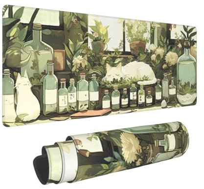 Cute Cat Green Mouse Pad XL 31.5 X 11.8 Inch Kawaii Aesthetic Style Extended Large Gaming Mousepad Keyboard Desk Mat Non-Slip Rubber Base Stitched Edges for Home Office