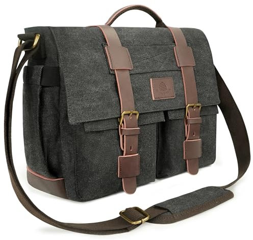 densata Messenger Bag für Herren, 13-14-15,6 Zoll Laptoptasche, Vintage, schwere Canvas-Umhängetasche, Leder-Aktentasche für Schule, Arbeit, Reisen (schwarz)