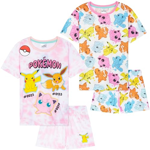 Get Trend Pokemon PJs Girls 2 Pack Short Sleeve Pyjamas Set Pikachu Lounge Sets Tie Dye Nightwear Anime Gifts for Girls (13-14 Years, Multi Pokemon, 2)
