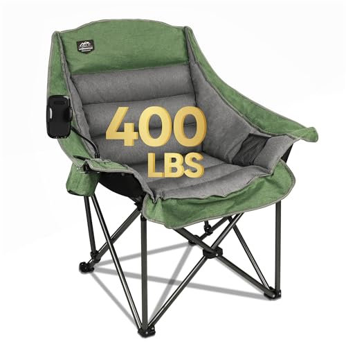 LANMOUNTAIN Oversized XL Folding Camping Chair,Heavy Duty Support 400Lbs,Large Comfy Padded Camp Chair for Adults,Lawn Arm Chair w/Cup Holder,Phone Holder,Carry bag Perfect for Outdoor (Green)