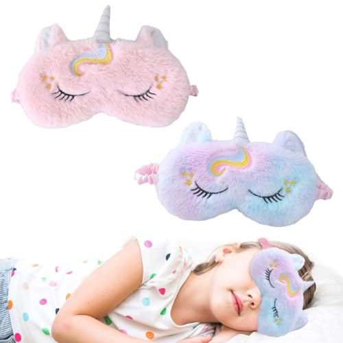 2 PCS Schlafmaske Kinder Mädchen, Schlafbrille Kinder, Einhorn Maske, Einhorn-Augenmaske, für Reisen und Kinder für Mädchen Jungen Reisen Nickerchen Partyzubehör