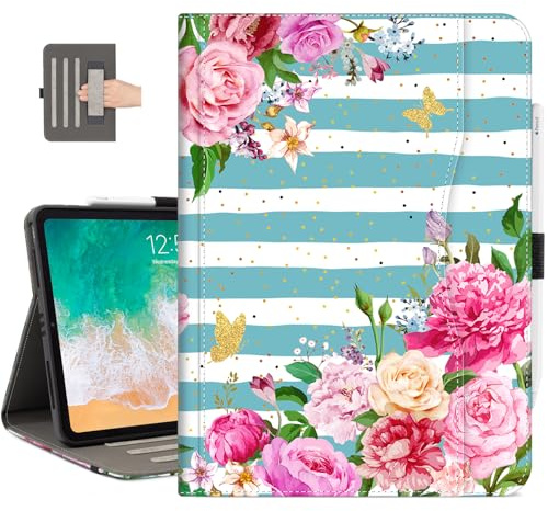 Vimorco Lederhülle für iPad 10,9 Air 4. / 5. Generation, iPad Air M2 6. 11 Zoll 2024, iPad Pro 11 Zoll 4. / 3. / 2. / 1. Generation, Stifthalter, Griffschlaufe, mehrere Ständer, gestreifte Blume