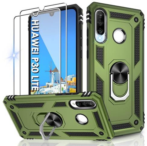 Jshru Hülle für Huawei P30 Lite Handyhülle Militärische Stoßsichere Schutzhülle mit 2 Stück Schutzfolie, mit 360° Metall Ring Ständer doppellagig Case für Huawei P30 Lite,Armeegrün