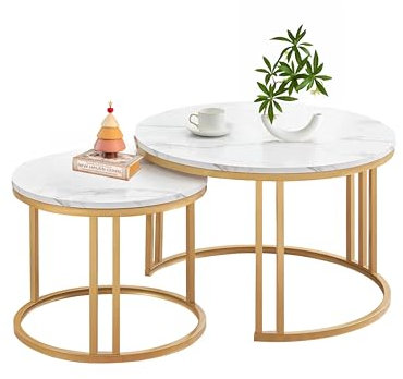Xisilla Leichter Couchtisch Rund 2er Set, Moderner Design Wohnzimmertisch, Couchtisch Weiß für das Wohnzimmer, Tisch Wohnzimmer Gold