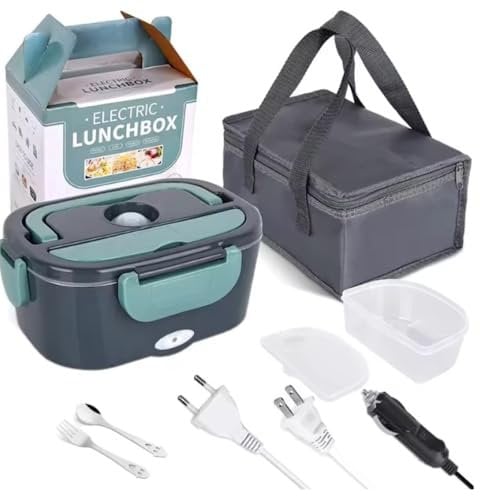 Fiambrera Electrica 4 en 1 12V/24V/220V~240V Calentador de Comida Portatil con Termo para Coche Camión y Trabajo 1.5L 60W en Acero Inoxidable con Tartera Bolsa Térmica y Juego de Cubiertos