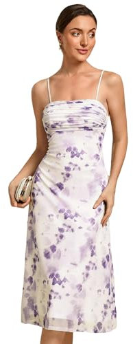 Ever-Pretty Abito da Sera Estate Floreale Donna Midi Elasticizzato Eleganti Casual con Spalline Sottili da Cerimonia Stampa Lilla 42