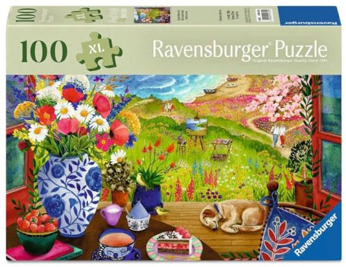 Ravensburger 100 Piece Extra Large Seaside Window View Jigsaw Puzzle for Adults & Kids – Feel Well & Puzzle Range, Coastal Seaside Scene with Lighthouse, Dog & Flowers, Includes Puzzle Board & Poster