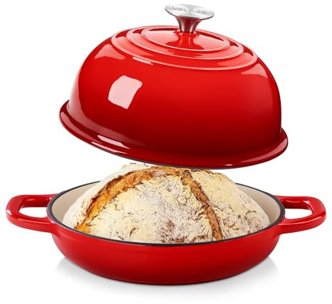Velaze Olla de Hierro Fundido 4.8L - Cacerola Holandesa Redonda Esmaltada y Antiadherente Ø24cm con Tapa - Para Hacer Pan, Hornear e Inducción (Rojo)