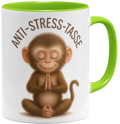 OM3® Äffchen Anti-Stress KAffe-Tasse mit Spruch - lustige Keramiktasse Namaste-Motiv - Meditation Affe - Keramik Becher - 325ml - Beidseitig Bedruckt - Hellgrün