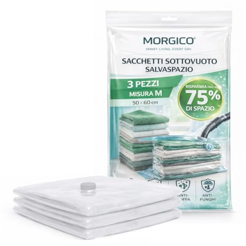 MORGICO - 3 Buste Salvaspazio M (50x60 cm) - Sacchetti Sottovuoto Compatti per Vestiti, Magliette e Biancheria, Ideali per Cassetti e Spazi Ridotti, Compressione Efficace e Riutilizzabile (M 3pz)