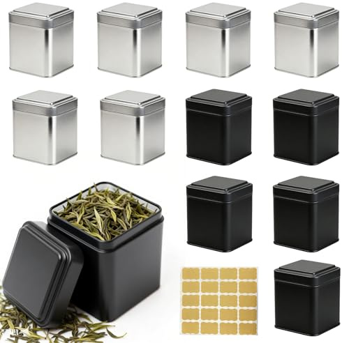 ZYETGH Klassische Eckige Teedose, 12 Stück Teedosen für Losen Tee mit 1 Etiketten Aufkleber 7x7x8.5 cm Metall Teedosen Tee Vorratsdose Aromadicht Behälter für Mehl Oder Tees Aufbewahrung