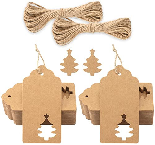 jijAcraft Christmas Tags, 100Pcs Brown Gift Tags with Strings, 300g/m² Thick Kraft Paper Gift Tags, Christmas Hang Gift Tags for Presents, Gift Bags Wrapping, Christmas DIY Crafts