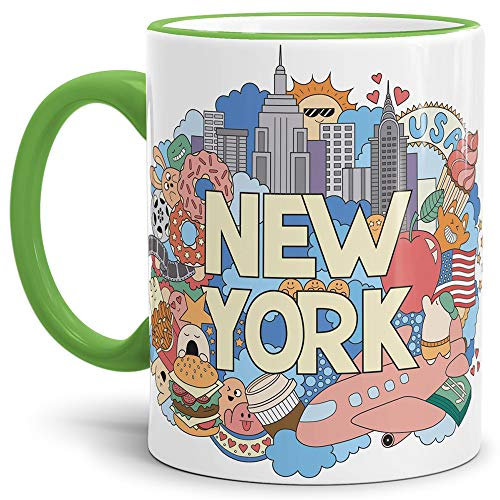 New York Tasse Comic-Style Rand und Henkel Grün - Kaffeetasse/Mug/Cup - Qualität Made in Germany