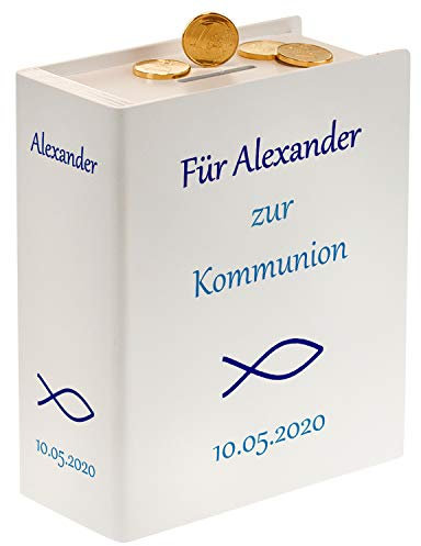 Geschenke 24 Sparbuch zur Kommunion (weiß) – Geldgeschenke originell verpacken – personalisiert mit Name und Datum – persönliche Geschenke zur Kommunion Junge und Mädchen