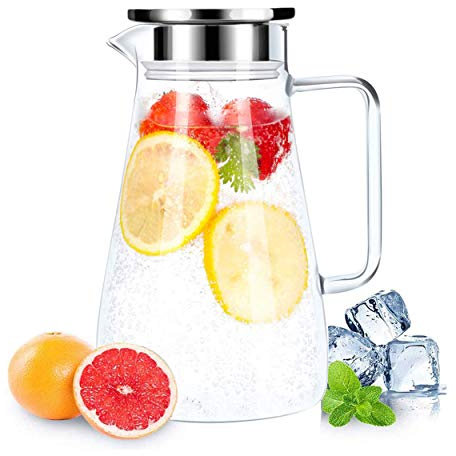 Sharemee - Carafe en Verre Résistant à la Chaleur pichet en verre|Carafe d'eau de Borosilicate Couvercle en Acier Inoxydable pour jus, 1.8L