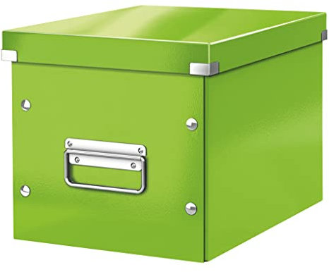 Leitz Click & Store Aufbewahrungsbox mit Deckel Mittel-Groß, Würfelbox für Regale im Wohnzimmer oder Büro, Transportbox aus 80 % recycelter Premium-Hartpappe, Stabile Metallgriffe, Grün, 61090054