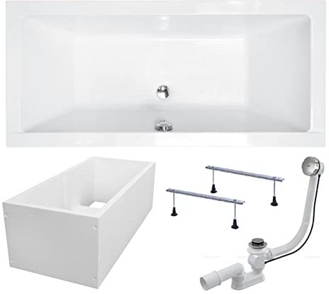 BADLAND Badewanne Original Weiß Acryl Wanne Rechteck QUADRO 180x80 KOMPLETTSET SET mit Premium Wannenträger + Füßen und Exklusive Chrom Automatik Ablaufgarnitur Made in EU 4in1
