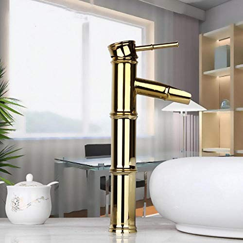 Linyuan Rubinetto del bagno Alto beccuccio cascata di bambù Rubinetto per lavabo in stile dorato lucido con montaggio a ponte Miscelatore per lavabo