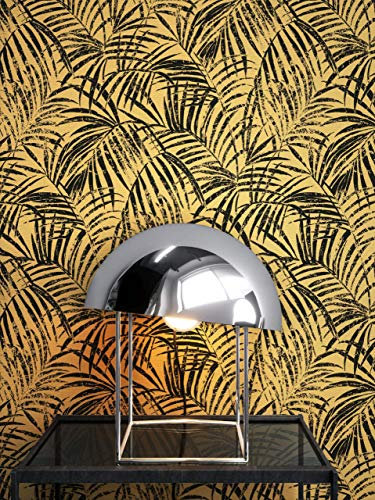 NEWROOM Tapete Gelb Vliestapete Dschungel - Dschungeltapete Tropisch Ocker Schwarz Blätter Palmenblätter Palmentapete Floral Pflanzen Mustertapete inkl. Tapezier-Ratgeber